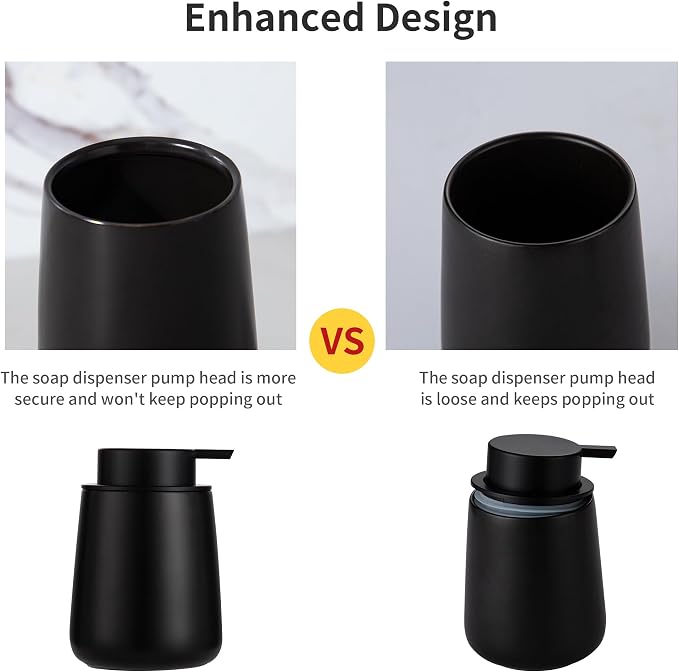 Enra Black Soap Dispenser, Modern Ceramic Hand Soap Dispenser for Bathroom | 12oz Ceramic Body with Easy-Press Pump and Refillable Design. Stylish for Countertops, Sinks, Kitchens and Home Decor.