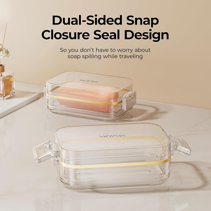 MOPMS Travel Soap Case, Leakproof with Clasps & Silicone Seal for Traveling | Soap Holder Travel Case with Drain Tray for Gym, Bathroom, Portable Travel Soap Container Fits Most Soaps, Durable PC, Clear