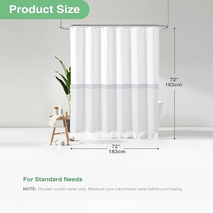 Grey Fabric Shower Curtain, Farmhouse Boho Striped Tassel Shower Curtains for Bathroom, Bohemian Textured Cloth Shower Curtain Set with Hooks, Water Repellent, Wrinkle Free, 72x72