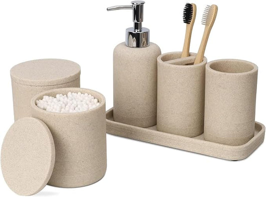 Beige Bathroom Accessories Set 6 Pieces - Toothbrush Holder, Lotion Dispenser, Qtip Container, Vanity Tray, Tumbler - Countertop Organizer for Bathrooms - Elegant and Functional Décor Set