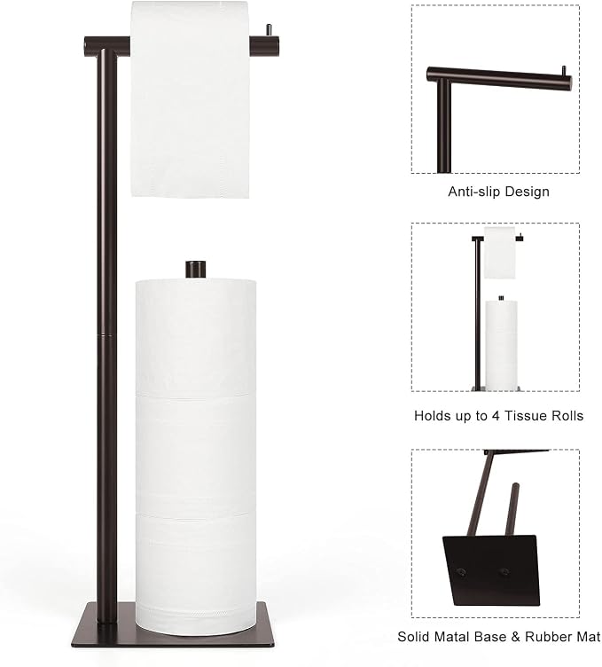 OYEAL Metal Toilet Paper Holder Stand Freestanding TP Holder with Storage | Floor Standing Toilet Paper Roll Dispenser for Bathroom Storage Holds Reserve Mega Rolls, Brown