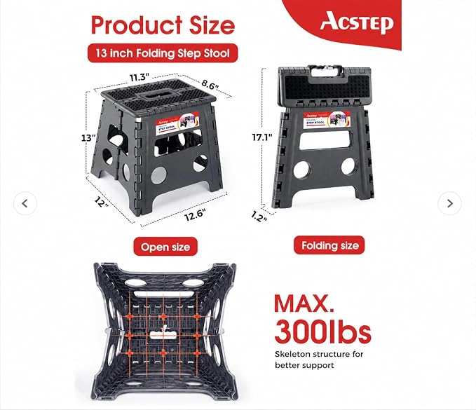 13" Folding Step Stool- Holds up to 300Lb,The Lightweight Non-Slip Upgrade Collapsible Stepping Stool is Sturdy Enough to Support Adults and Safe Enough for Kids(Grey,1 Pack) | Heavy Duty Portable Collapsible Foot Stepping Stool, Holds 300 lb for Kitch...