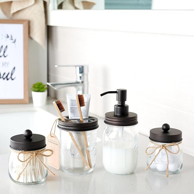 Amolliar Mason Jar Toothbrush Holder, Rustproof Stainless Steel, Bronze | Toothbrushes and Toothpaste Holder with Chalkboard Labels - Farmhouse Décor Bathroom Countertop and Vanity Storage Organizer