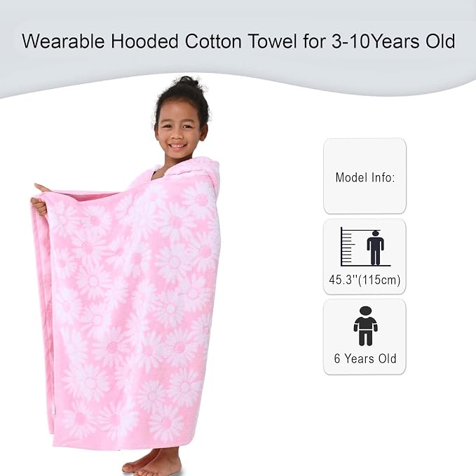 VOOVA & MOVAS Toddler Hooded Towel Wrap, 3-10 Years, 100% Cotton,Daisy | Romantic Daisy Jacquard Pattern, Premium Turkish Fabric, Silky Soft Feel, Works for Bath, Beach, Pool and Daily Swimming