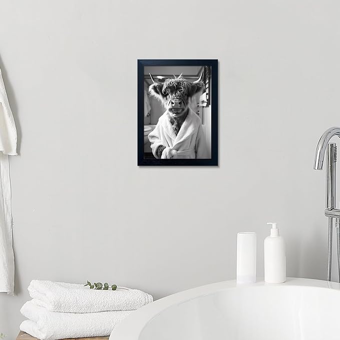 Framed Highland Cow Brushing Teeth Wall Art, Black and White Bathroom Wall Decor, Funny Cow Pictures Guest Bathroom Decor