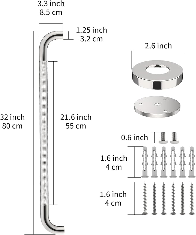 ZUEXT 2 Pack 32 Inch Chrome Anti Slip Shower Grab Bar with Knurled Grip | Bathroom Balance Support Rail, Assist Handle for Handicap Seniors, Wall Mount Stainless Steel Bath Safety Handrail, 1.25" Dia
