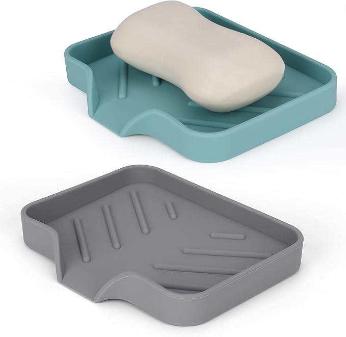 2 Pack Silicone Soap Dish for Shower with Self Draining Gray & Teal | Soap Holder for Bathroom, Silicone Sponge Holder for Kitchen Sink, Soap Tray for Dispenser, Scrubber, Bottle, 4.7"×3.9"