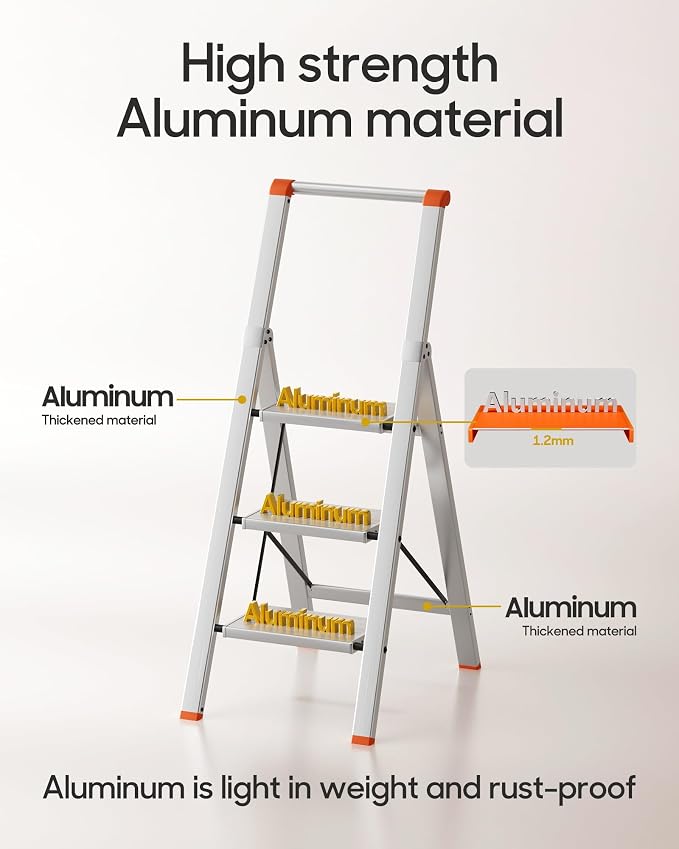 HillhutApex Aluminum 3 Step Ladder, Step Stool Foldable Ladder(Orange) | Stepladder with Handgrip,Anti-Slip Pedals,330lbs Capacity,Lightweight Portable Folding Ladder for Home,Office,Libaray