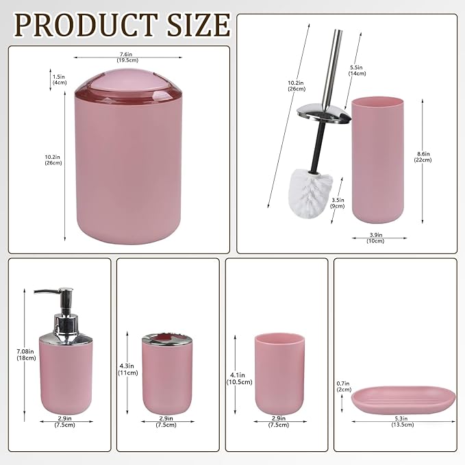 CERBIOR Bathroom Accessories Set 6 Piece Bath Ensemble, Blush Pink | Includes Soap Dispenser, Toothbrush Holder, Toothbrush Cup, Soap Dish for Decorative Countertop and Housewarming G
