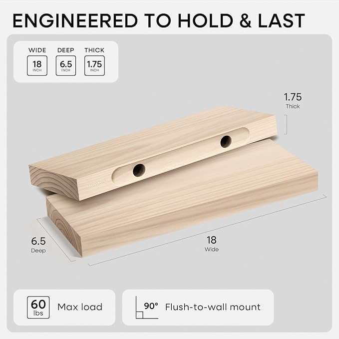 18 inch Wood Floating Shelves, High End Solid Natural Wood 18inch Floating Shelf for Wall Mounted, Unfinished Wooden 18in Floating Shelves, Heavy Duty Bracket, 18 X 6.5 X 1.75 inch, Set of 2