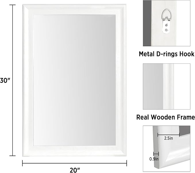 Tanmicoshomy White Framed Bathroom Mirror 20x30 Inch for Wall | 3mm Tempered Glass,Rectangle Mirrors for Over Sink,Living Room,Hallway Decor