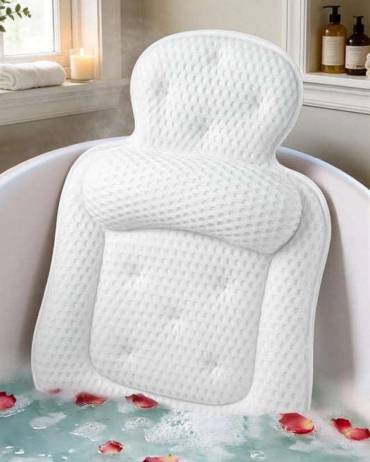 Bath Pillows for Tub, Comfortable Bathtub Cushion for Head and Neck with Soft 3D Mesh Fabric and 54 Non-Slip Suction Cups, Relaxing Tub and Shower Accessories Spa Gift Beige Extra Thick