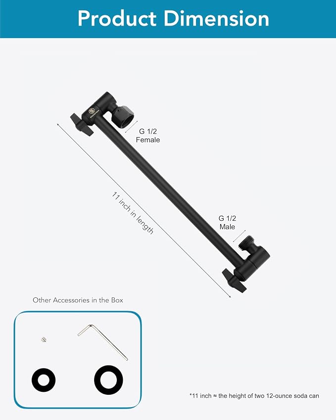 11 Inch Adjustable Shower Head Extension Arm With Locking Set Screw, Singing Rain 304 Stainless Steel Matt Black Angle Height Adjustable, Easy Install, G1/2 Universal Connector Compatible (Matt Black)
