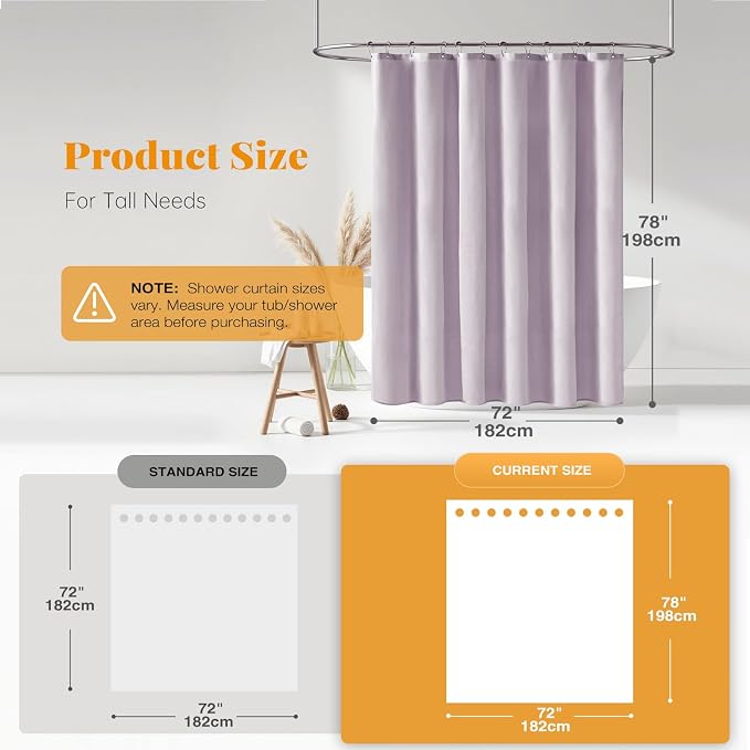 72x78 Linen Textured Waterproof Fabric Shower Curtain Set, Lavender | Long Size, 230GSM Polyester, Heavy Duty Cloth, Weighted Hem, 12 Plastic Hooks, Modern Luxury Hotel Style, Machine Washable
