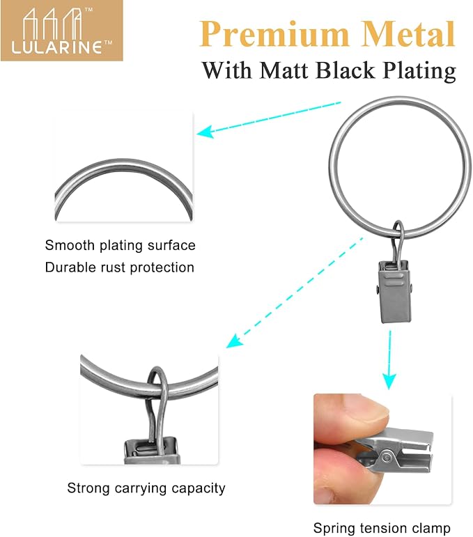 20 Pack Curtain Rings with Clips 1.5" Interior Diameter,Metal Drapery Clips with Rings,Curtain Clips,Strong Vintage Decorative Rustproof Drapery Ring with Hooks for Bathroom,Bedroom(Matte Silver)