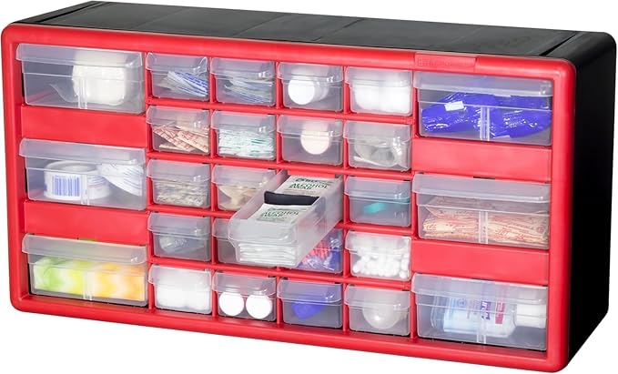 Akro-Mils 26-Drawer Plastic Storage Cabinet, 20"W x 6"D x 10"H, Red