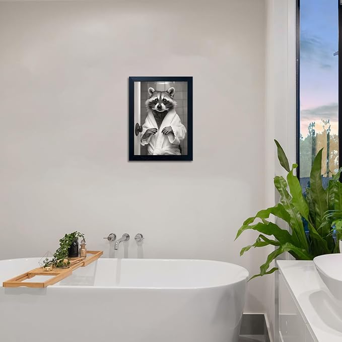Black and White Bathroom Wall Decor Raccoon with Bathrobe Canvas Wall Art Toilet Animal Pictures Decor Art Bathroom Sign Artworks for Home
