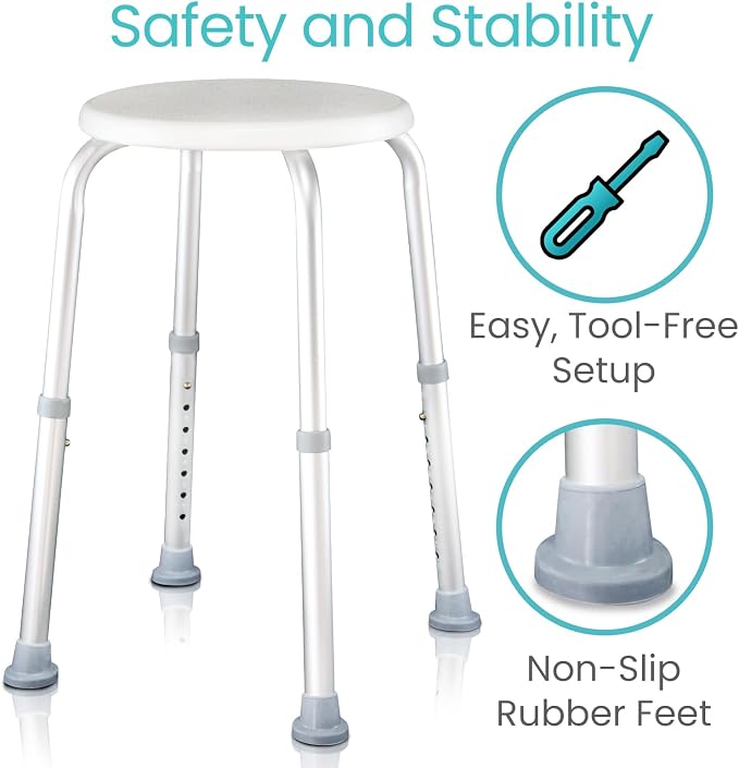 Vive Shower Stool for Inside Bath - Small, Adjustable, Plastic, Round, Non-Slip - Bathtub Seat Chair for Bathroom Safety - Waterproof Medical Universal Tub Bench for Elderly, Senior, Women, Adults | Non-Slip - Bathtub Seat Chair for Bathroom Safety - W...