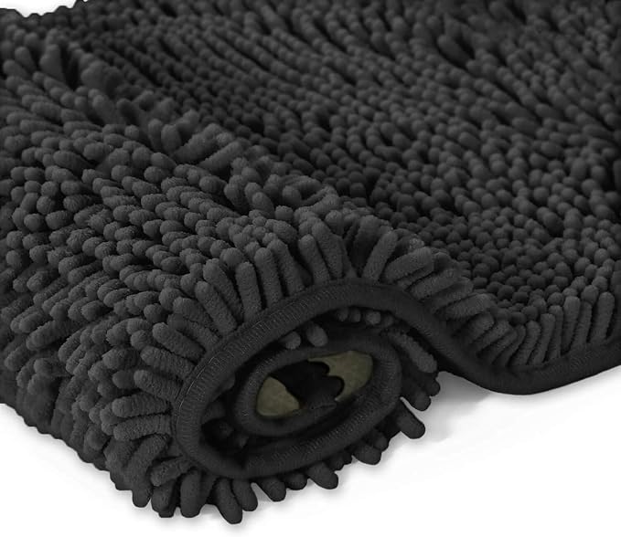 LuxUrux Plush Chenille Runner Rug – Ultra-Soft, Absorbent & Non-Slip Bath Mat for Bathroom, Hallway & More, Machine Washable (27 x 47 inches, Black)