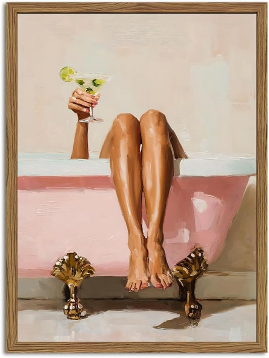 Funny Girl Bathroom Wall Art Pink Cute Girly Bathtub Wall Decor Picture, Trendy Girl Bathroom Martini Cocktail Poster Canvas Print Painting Minimalist Cute Woman Artwork 16x24 inch Wood Framed