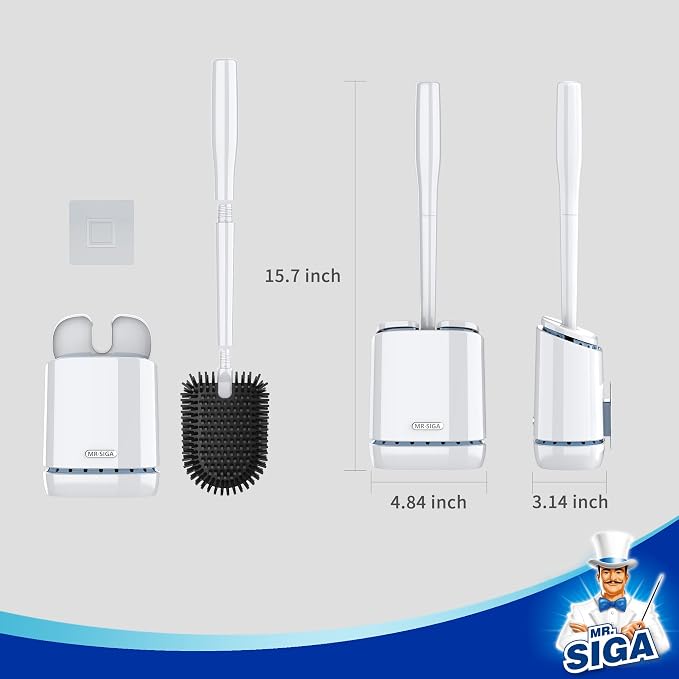MR.SIGA Toilet Bowl Brush and Holder, Wall Mounted Toilet Brush, White | Automatic lid design, sturdy handle, upgraded ventilation, flat rubber head dries quickly