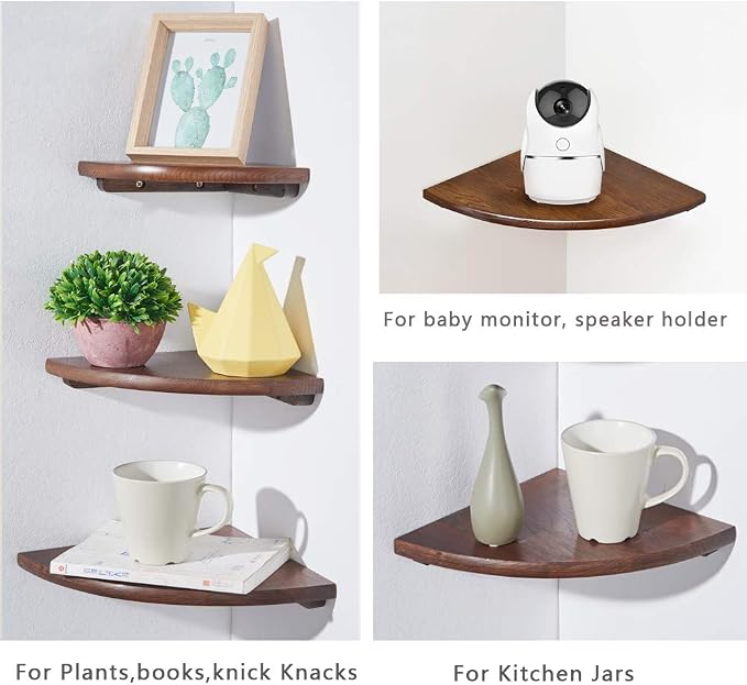 Corner Shelf,12inch Walnut Solid Wood Floating Corner Shelves Wall Mount Round End Floating Speaker Rack with Wire Hole for Small Plant for Bedroom Kitchen