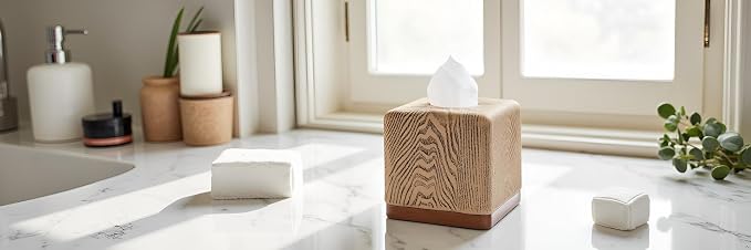 Hymmah Wooden Texture Square Tissue Box Cover Cube Tissue Holder Unique Design Klenex Box Dispenser for Bathroom Vanity Counter Tops Also Great for Bedrooms and Living Rooms