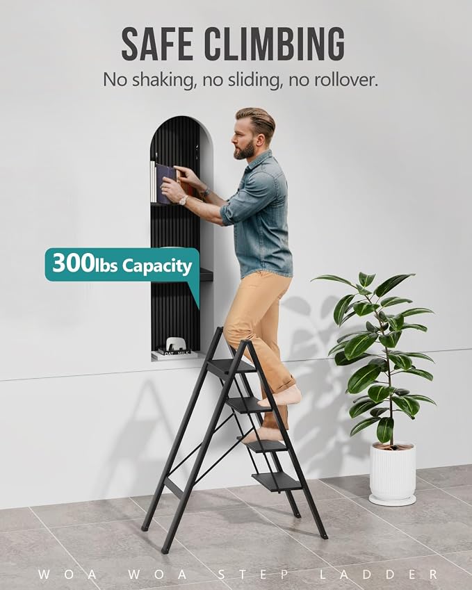 4 Step Foldable Step Stool, 300lbs Load, Black | Folded 43''H x 2''T; Net 9.9 lbs; Non-Slip Feet: Wood/Tile/Carpet; Rigid Aluminum Steps; No Assembly; Ready From Box.