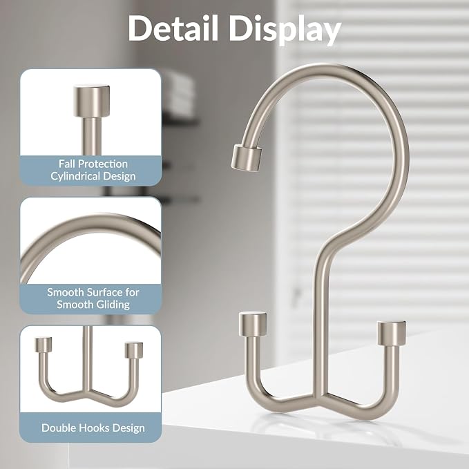 OEH Shower Curtain Hooks, 12 Pcs Shower Curtain Rings, Durable Shower Curtain Hooks Rust Proof, Shower Rings for Curtain, Free Sliding Anti-Drop Double Shower Hooks for Shower Curtain, Matte Nickel