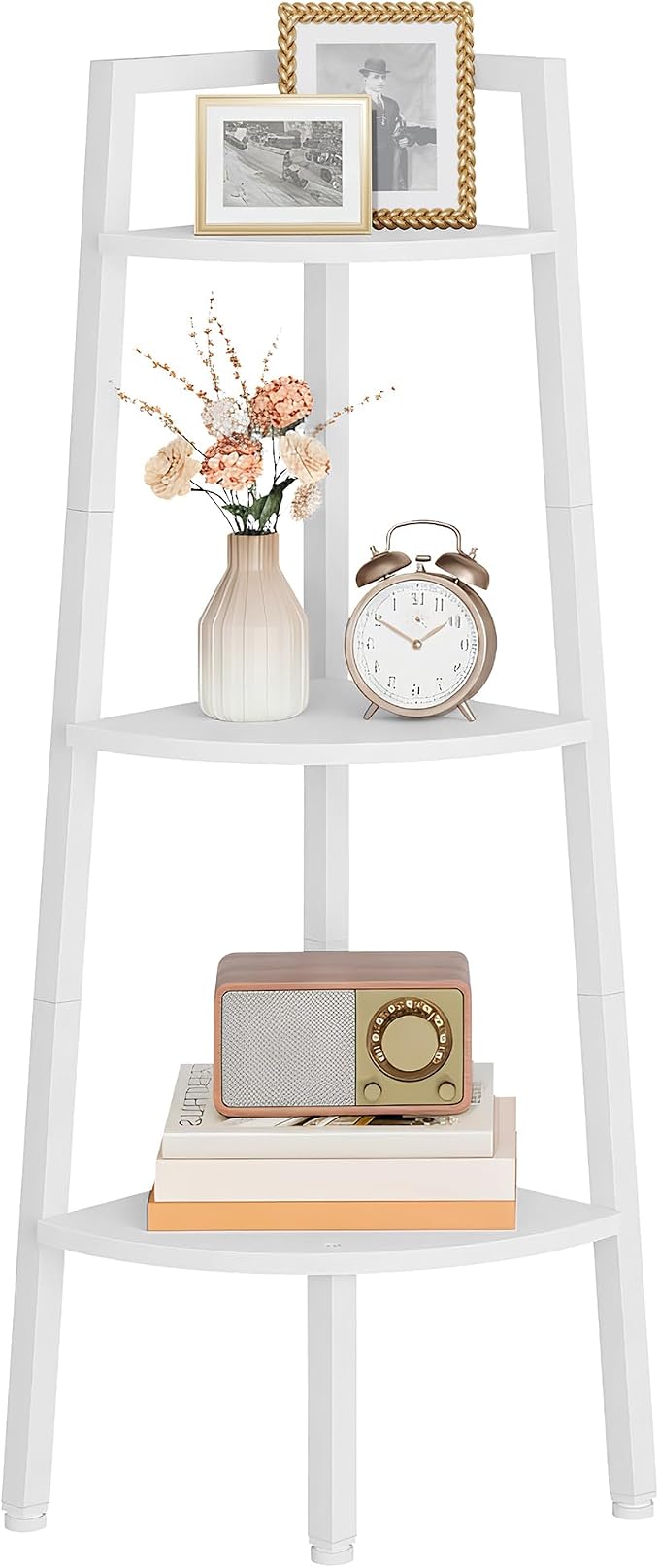 Hoctieon Corner Shelf, 3-Tier 40" Tall Corner Bookshelf, Rustic Ladder Shelf, Industrial Display Stand for Living Room, Kitchen, Home Office, Balcony, Small Space, Metal Frame, White