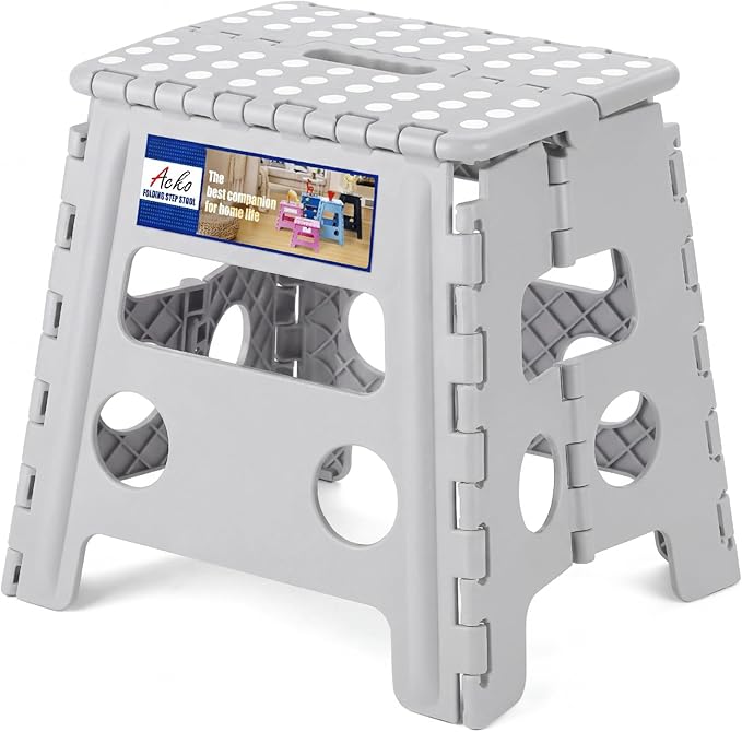 ACKO 13 Inch Folding Step Stool, Non-Slip Surface for Adults and Kids, Gray | Collapsible Heavy Duty Foldable Stools, Portable Foot Stepping Stool Holds 300 lbs, Kitchen Bathroom Outdoor, with Handle