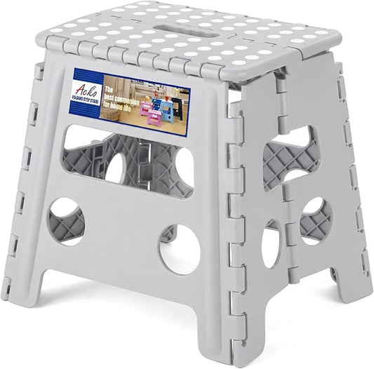 ACKO 13 Inch Folding Step Stool, Non-Slip Surface for Adults and Kids, Gray | Collapsible Heavy Duty Foldable Stools, Portable Foot Stepping Stool Holds 300 lbs, Kitchen Bathroom Outdoor, with Handle
