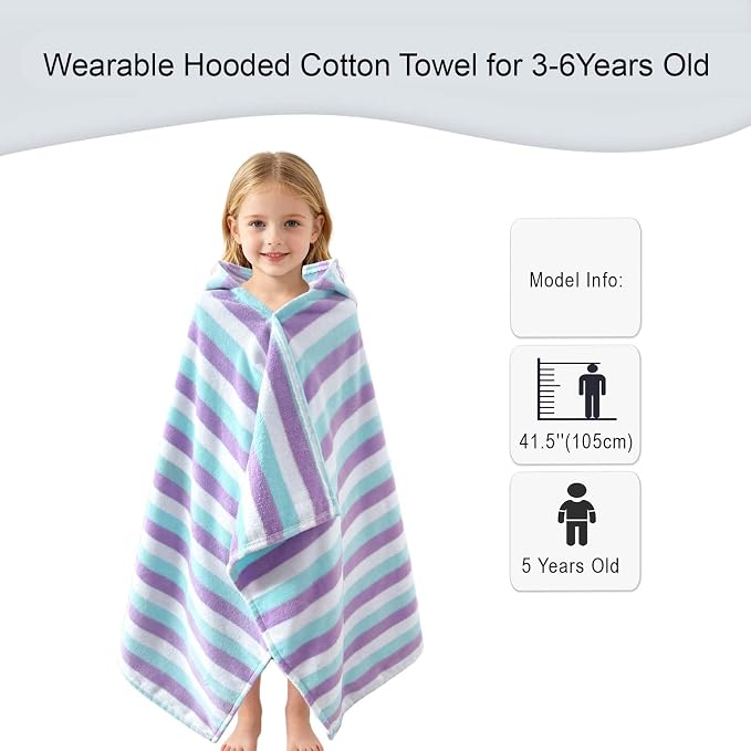 VOOVA & MOVAS Kids Wearable Towel,3-10 Years,100% Cotton, Purple Striped | Slim Light Weight, Quick Water Absorption, Great for Bath, Swim, Pool and Beach Vacation