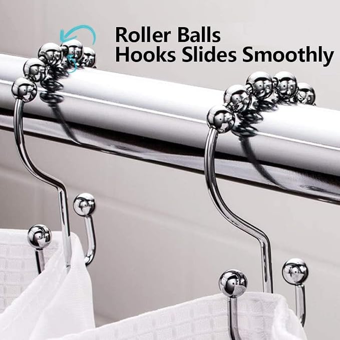 DAWNER Shower Curtain Hooks, Rust Proof Metal Easy Glide Double Rings, Stainless Steel Hangers for Bathroom Curtains, Set of 12, Polished Chrome