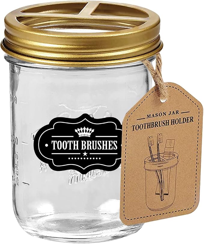 Mason Jar Toothbrush Holder, 16 Ounce Mason Jar, Golden | Premium Rustproof 304 Stainless Steel Lid and Chalkboard Labels - Rustic Farmhouse Decor Bathroom Accessories/ Golden