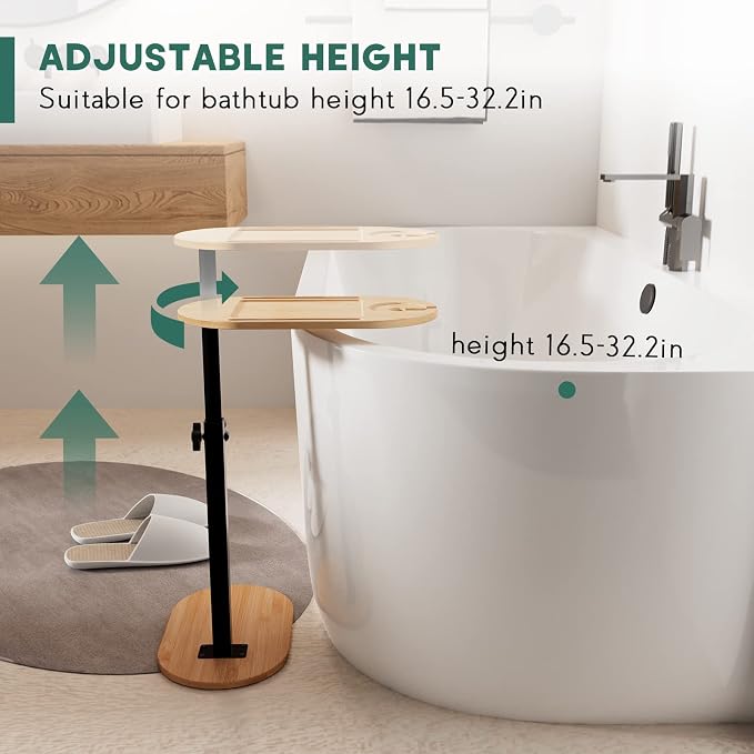 Bamboo Bath tub Tray Table with Adjustable Height | Freestanding Bathtub Tray Bath Caddy Tray against Wall, Bathtub Side Table for Luxury Bath Patent Protected (Natural)