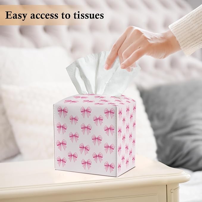 Pink Bow Tissue Box Covers Square, Leather Tissue Box Holders Decorative for Car Nightstand Home Office Bathroom Organizer, Square Facial Paper Organizer Home Decor -017