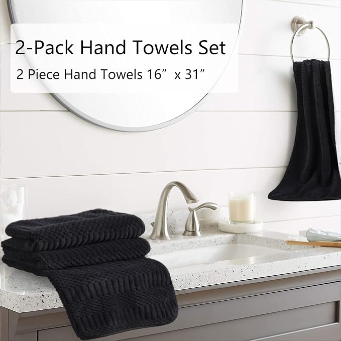 2 Piece Black Geometric Hand Towel Set 16"x31" Soft Highly Absorbent Quick Dry Bathroom Towels Microfiber Plush Towels Set Woven Towels for Kitchen Hotel Spa Gym