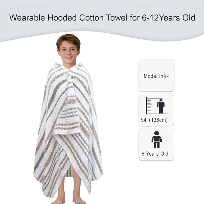 VOOVA & MOVAS Kids Hooded Bath Towel,6-12 Years,100% Cotton | 66X34 Inch,Brown Gray Stripe,Thick,Soft, Absorbent, Quick-Drying, Beach/Pool/Swim Essentials