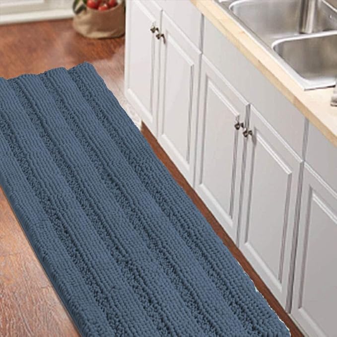 Turquoize Bathroom Runner Area Chenille Rug Oversize Non-Slip Shag Kitchen Shower Bath Mat Extra Long Blue Striped Washable for Bathroom, Size 59" x 20", Blue Indigo