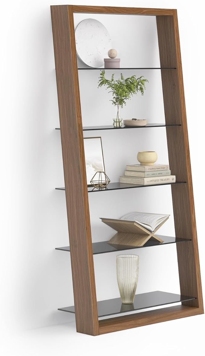 BDI Furniture Eileen 5166-74" x 34.25'' Leaning Shelf for Living Room, Family Room or Office with 5 Polished Tempered Glass Shelves, Natural Walnut