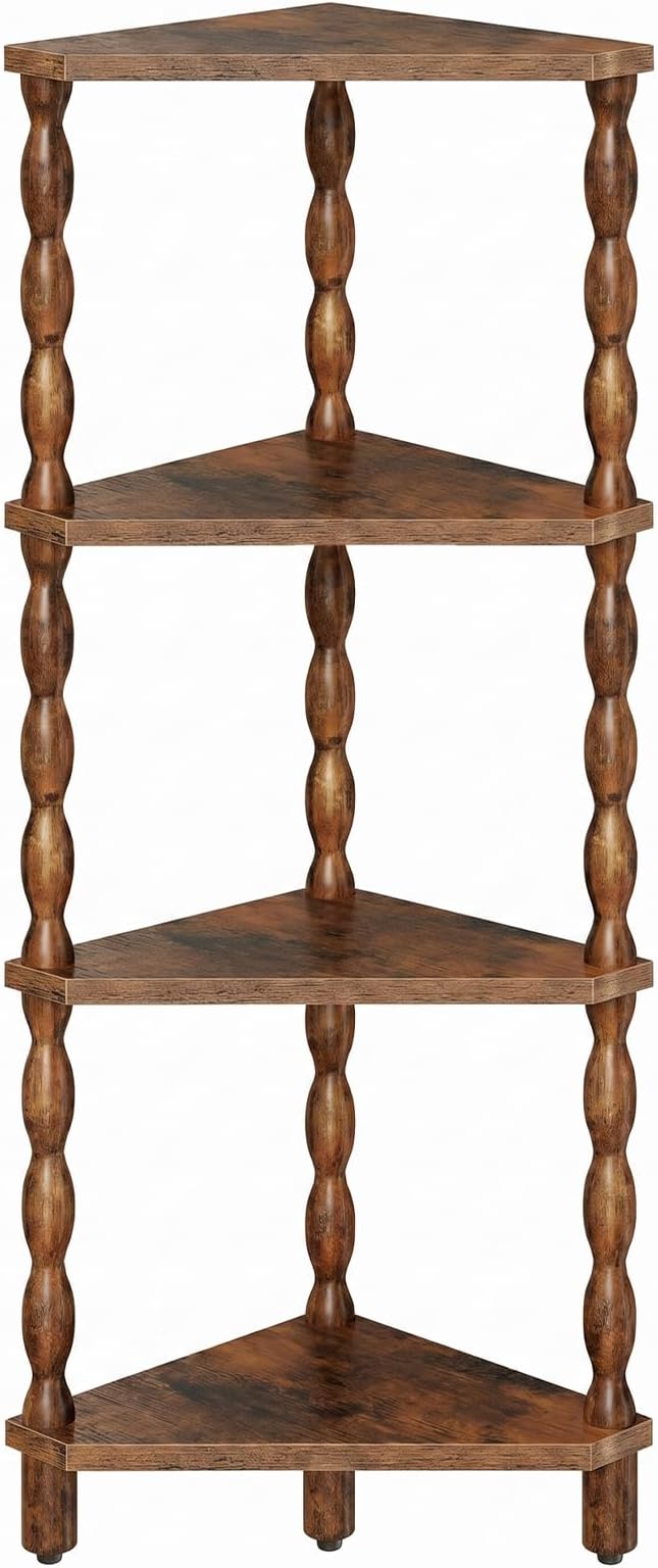 HOOBRO 4-Tier Corner Shelf, Wooden Corner Bookshelf for Small Space, Stylish Corner Storage Display Shelves for Living Room, Kitchen, Office Rustic Brown FG194CJ01