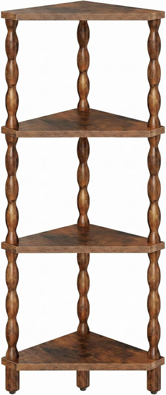 HOOBRO 4-Tier Corner Shelf, Wooden Corner Bookshelf for Small Space, Stylish Corner Storage Display Shelves for Living Room, Kitchen, Office Rustic Brown FG194CJ01