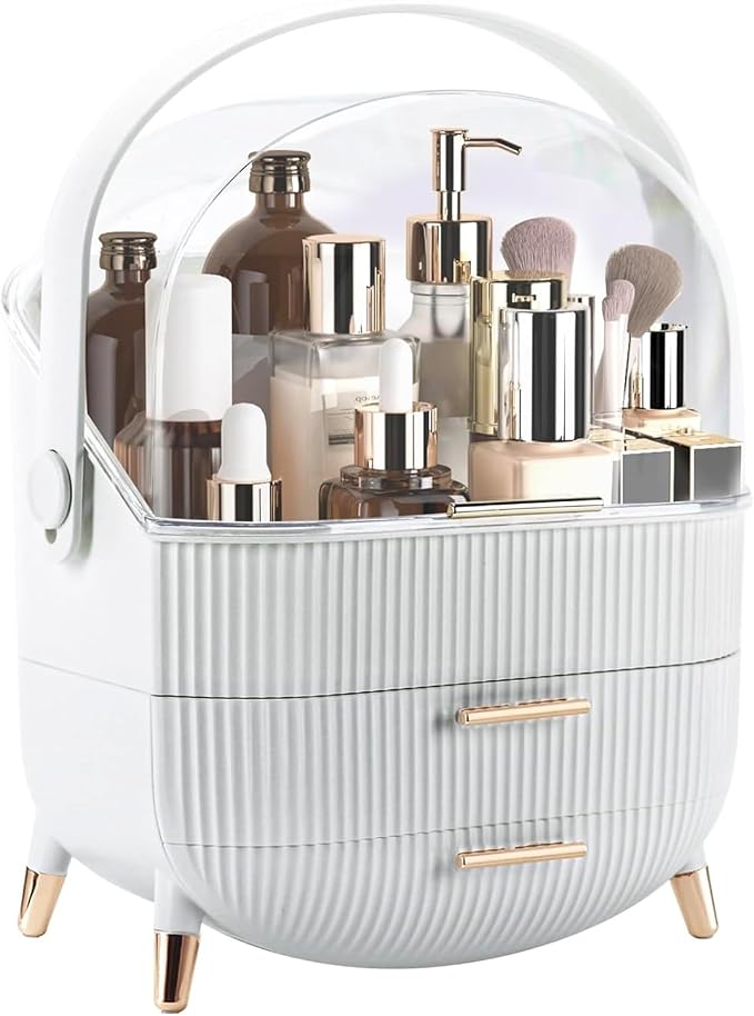 Makeup Organizer, Large Skincare Organizer for Vanity with Drawers & Cover | Makeup Storage Box, Large Capacity Cosmetic Display Cases Makeup Storage Box for Bedroom, Bathroom, Gifts for Women(White)