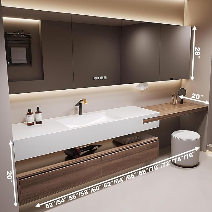 70 in Bathroom Vanity with Sink - Modern Floating Solid Wood Bathroom Sink Cabinet, Smart LED Mirror Cabinet, Durable Sintered Stone Countertop, Large Soft-Close Drawers, Includes a Stool