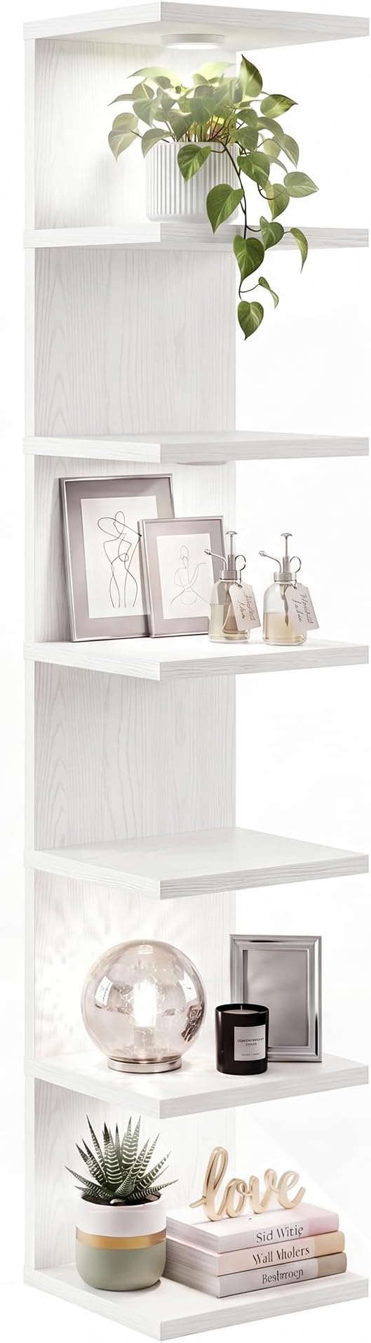 7-Tier Floating Shelves for Wall, Corner Shelf with LED Lights Lack Shelf for Home Organizer Display, Space-Saving, for Kitchen, Living Room, Bedroom, Modern, White