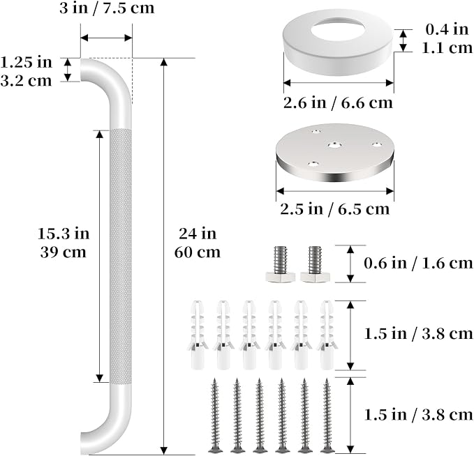 White Grab Bar 24 Inch, Grab Bar for Bathtub and Shower | Anti-Slip Knurled Grip, Stainless Steel, Bathroom Assist Handle Handrail, Handicap Support Bars for Toilet, 1.25" Diameter