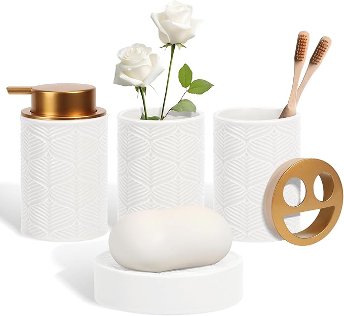 Kukikan Ceramic Bathroom Accessories Set, 4 Pcs-Includes Lotion Soap Dispenser, Toothbrush Holder, Vanity Tray, and Tumbler, Modern Bathroom Decor Organizer with Soap Dish, Apothecary Jar, White Color
