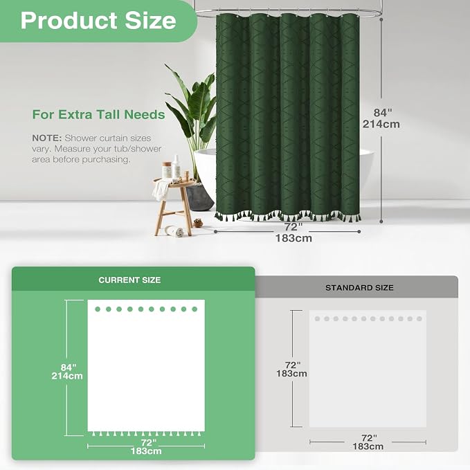 Extra Long Boho Shower Curtain Tufted Geometric 72"x84" Dark Green | 84 Inch Tall, Elegant Tassel, Lightweight Textured Fabric, Water Repellent, Washable, Hotel Spa, for Bathroom/Dorm 12 Hooks