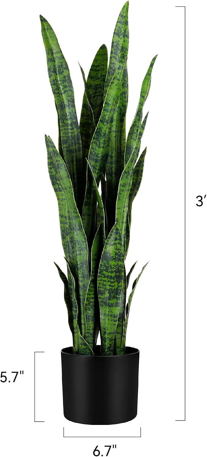 KOL 3ft 2-Pack Artificial Snake Plant - Thick Lifelike Leaves, Faux Silk Sansevieria for Indoor Home & Garden Decor, 35in Potted Fake Mother-in-Law's Tongue Plants, Green